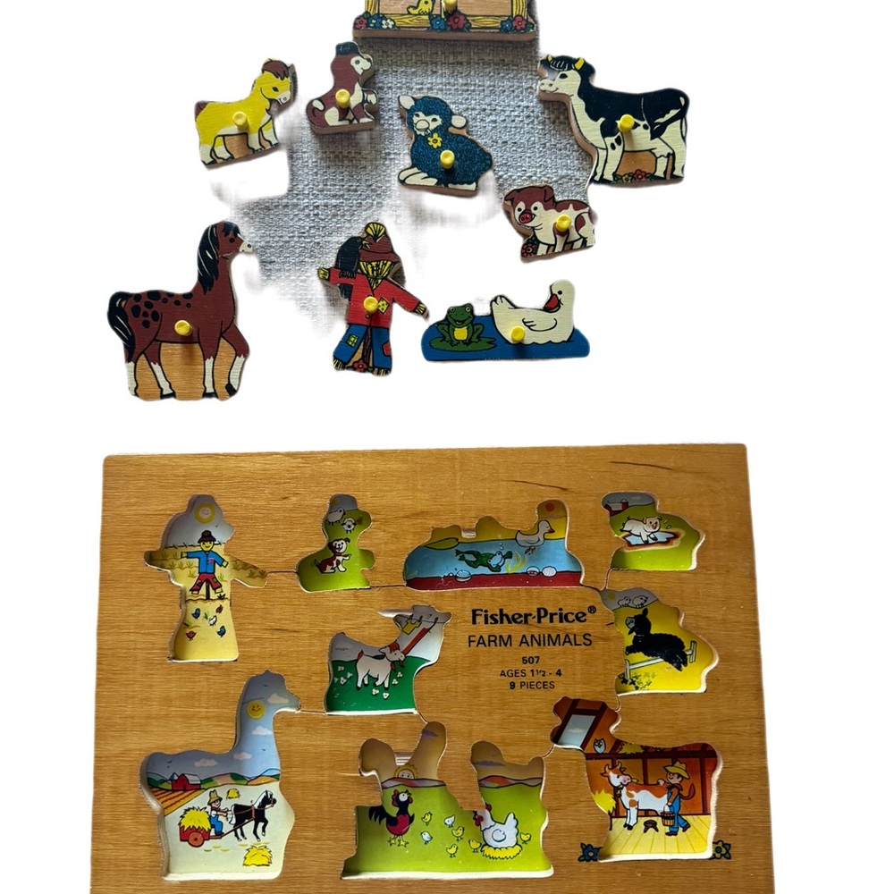 VINTAGE 1971 FISHER PRICE WOODEN PUZZLE #507 FARM ANIMALS - Picture 4 of 9
